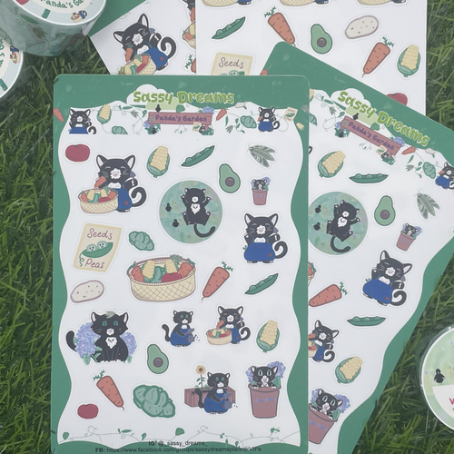 Panda's Garden Kawaii Stickers – Tuxedo Cat in Overalls | Vegetables, Flowers & Harvest Basket Mixed Stickers - Panda's Garden Collection