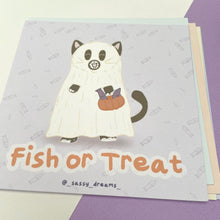 Load image into Gallery viewer, Fish or Treat art card, Cute ghost cat - Cute &amp; Spooky Collection