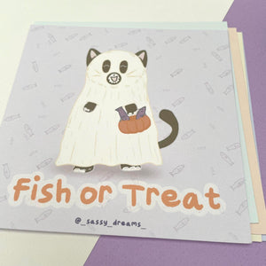 Fish or Treat art card, Cute ghost cat - Cute & Spooky Collection