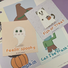 Load image into Gallery viewer, Fish or Treat art card, Cute ghost cat - Cute &amp; Spooky Collection