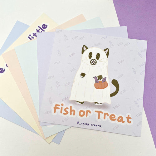 Fish or Treat art card, Cute ghost cat - Cute & Spooky Collection