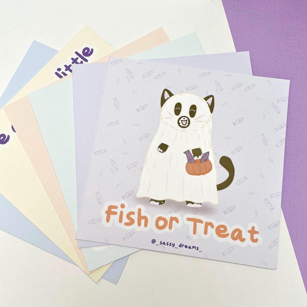 Fish or Treat art card, Cute ghost cat - Cute & Spooky Collection