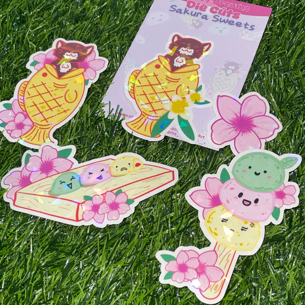 Sakura Sweets Mochi Die Cut Stickers, holo stickers, dango sticker, mochi, taiyaki sticker