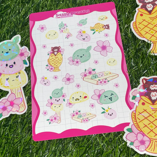 Sakura Sweets sticker sheet, cute Japanese kawaii mochi stickers, dango sticker
