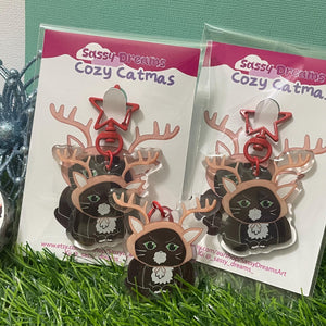 Cozy Catmas Keychain - Adorable cat in reindeer antlers - acrylic keychain, planner charm - Cozy Catmas collection