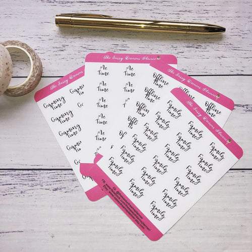 Self care Script stickers, me time, family time , gaming time, offline time, planner stickers