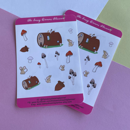 Cute mouse woodland stickers, mushroom stickers, planner stickers