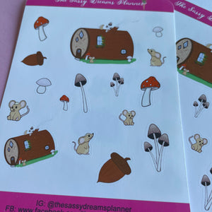 Cute mouse woodland stickers, mushroom stickers, planner stickers