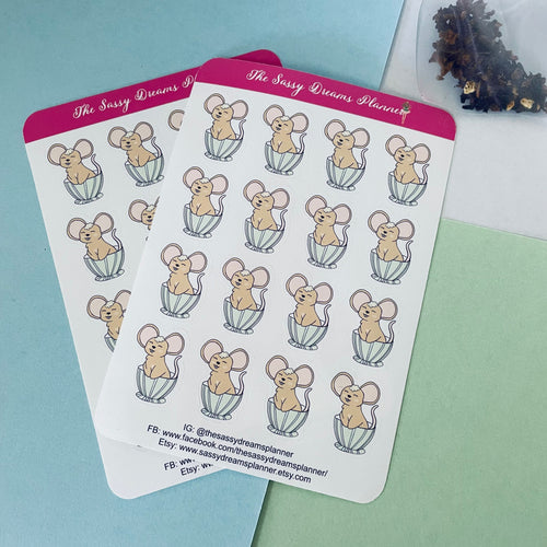 Always time for tea stickers, tea time stickers, mouse in a cup stickers, planner stickers