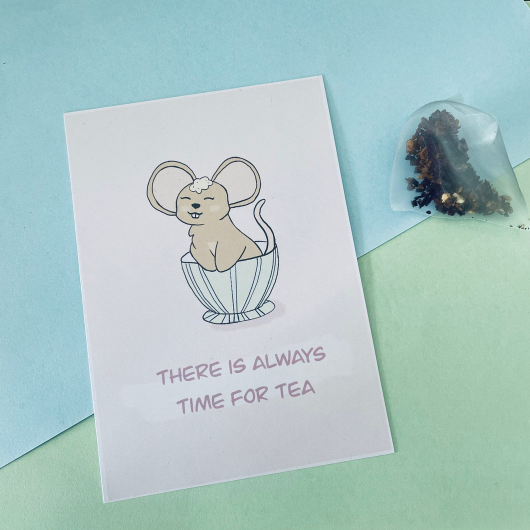 A6 Mouse and Tea Card, Postcard, Dashboard, There is always time for tea